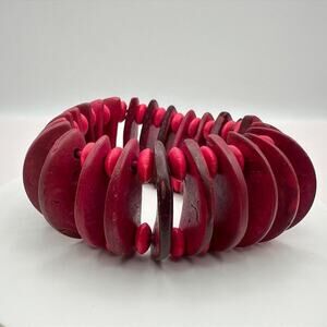 Vintage Y2K Tagua Nut Wood Bead Stretch Bracelet Fuchsia Pink Statement Jewelry